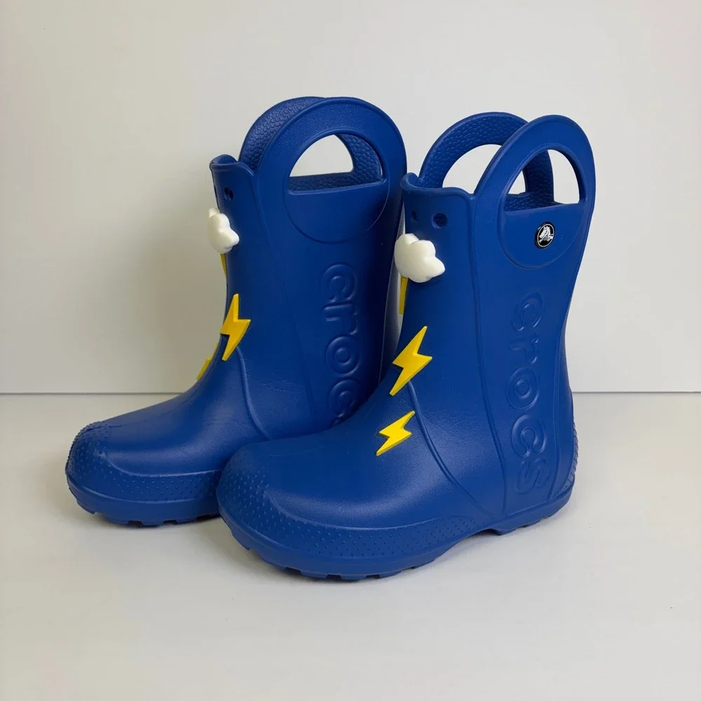 Crocs Handle It Rain Boots Blue Lightning Bolt Cloud Waterproof J1 Kids - Picture 3 of 7